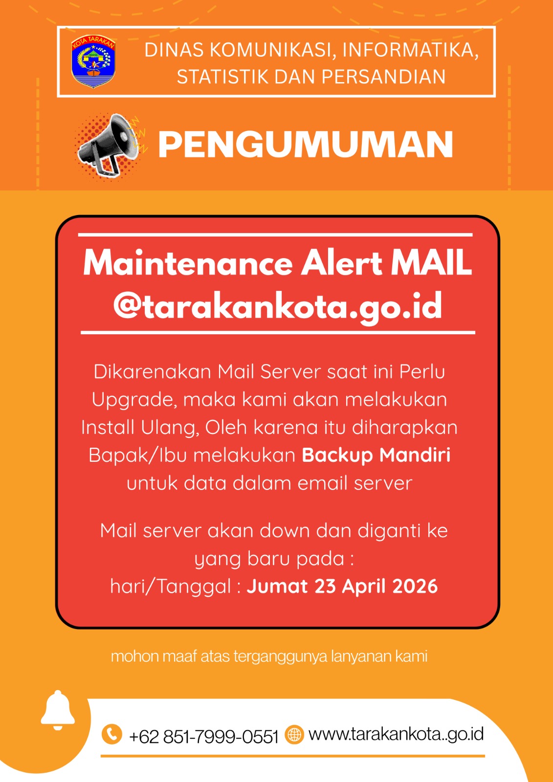 Maintenance Alert Mail @tarakankota.go.id